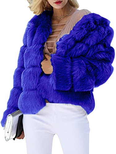 Simplee Women's Luxury Winter Warm Faux Fur Short Coat Fluffy Furry Jacket Parka Outwear for Wedding Party(S Blue) | Amazon (US)