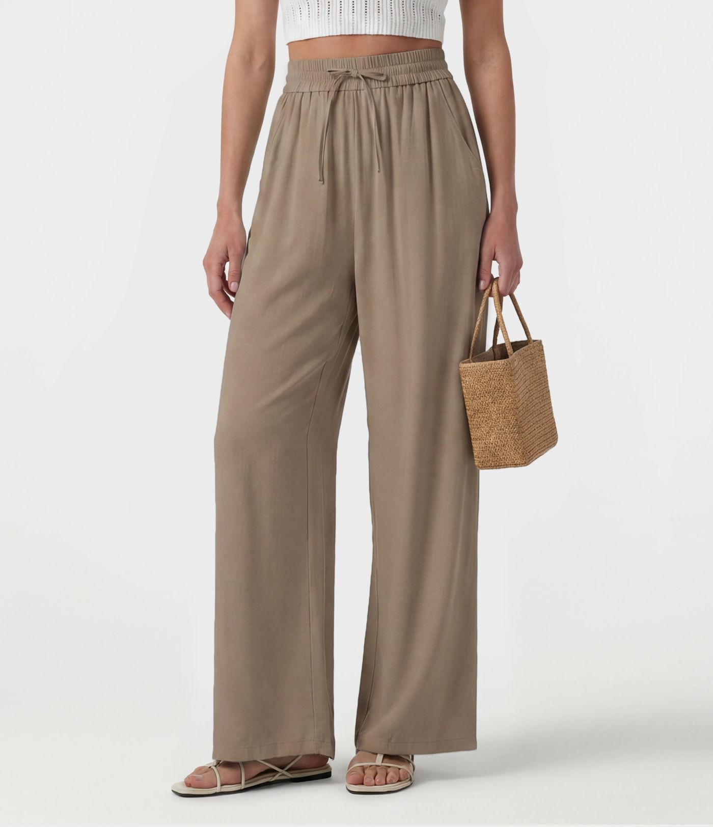High Waisted Drawstring Wide Leg Casual Linen-Blend Pants with Pockets | HALARA