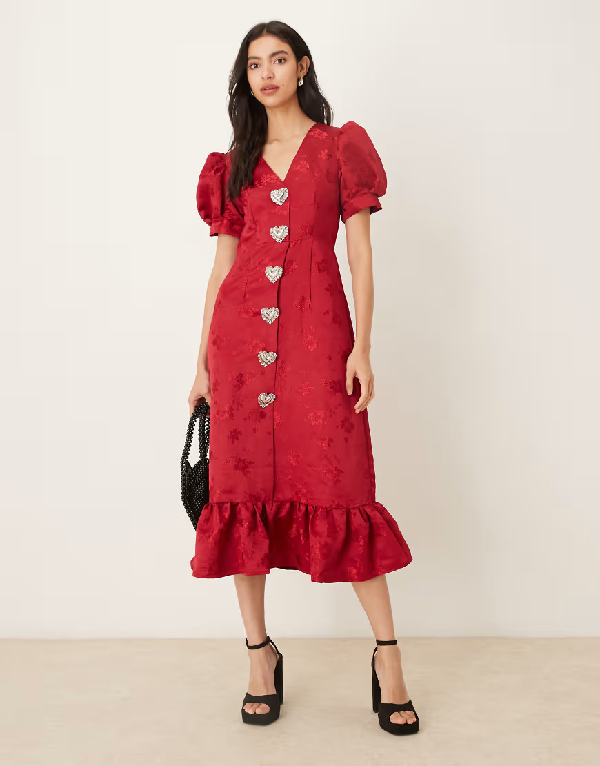 Sister Jane Carnival puff sleeve heart button up midi dress in red | ASOS (Global)