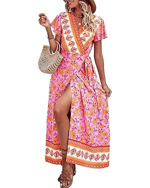 PRETTYGARDEN Women Boho Summer Side Split Deep V Neck Short Sleeves Maxi Dress with Belt | Amazon (US)