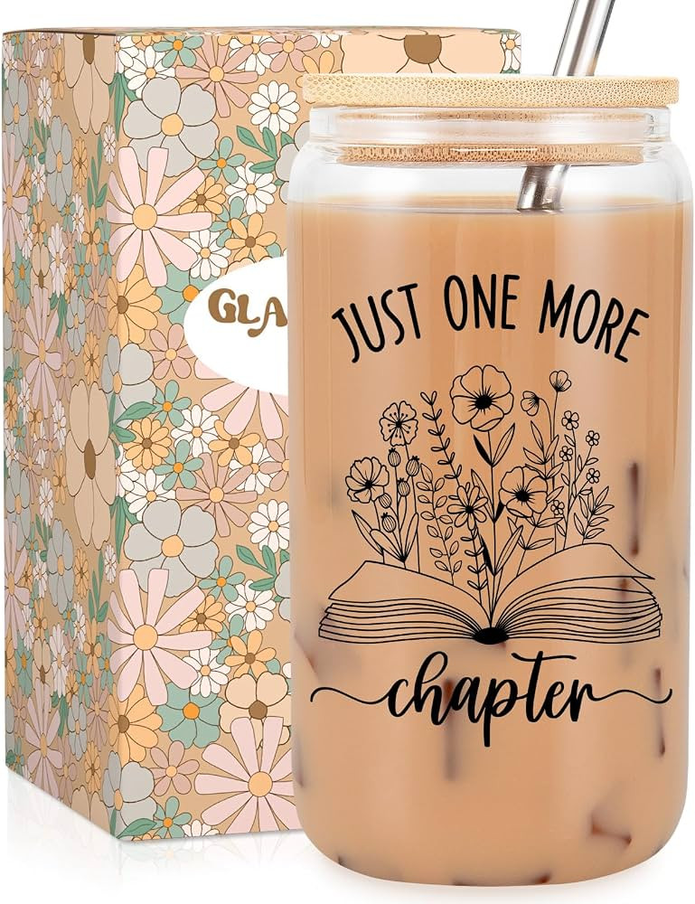 Fairy's Gift Book Lovers Gifts, 16 oz Book Tumbler Glass Coffee Cup with Lid Straw, Just One More... | Amazon (US)