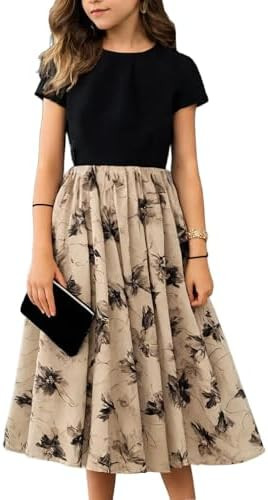 NEW 8-14Years Girls Elegant Dress Short Sleeve A-Line Floral Midi Party Special Occasion | Amazon (US)