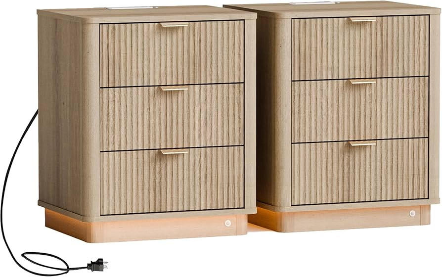 Fluted Night Stand Set of 2, Curved Nightstands with Charging Station Lighting, Wood End Table wi... | Amazon (US)
