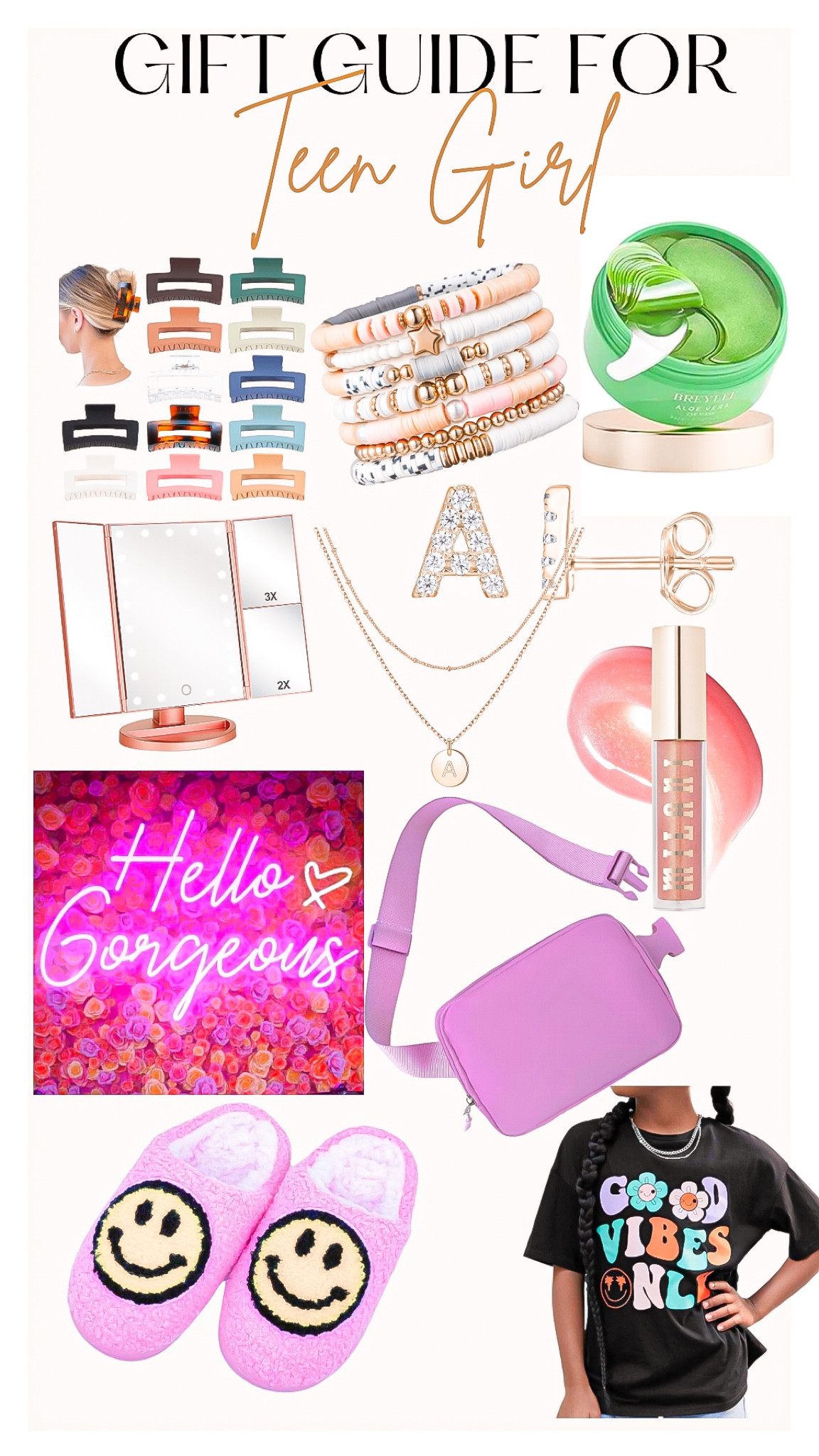 Gift guide for teen girls 💕

More finds coming soon 🎁

Gift guide, teen girl gift guide, girls gift guide, holiday gift, holiday guide, presents, hair clips, bracelet stack, eye patches, makeup mirror , travel mirror, initial earrings , initial necklace, initial jewelry, Milani cosmetics , lipgloss , neon sign, belt bag, graphic tee, smiley face slippers, slippers

#LTKkids #LTKHoliday #LTKGiftGuide