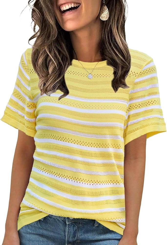 ANCAPELION Women's Short Sleeve Sweater Top Striped Knit Crew Neck Pullover for Summer Trendy Shi... | Amazon (US)