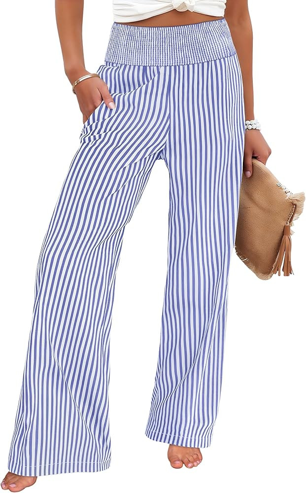 ANRABESS Womens Striped Gingham Palazzo Pants Wide Leg High Waisted Lounge Pajama Pants Cute Casu... | Amazon (US)