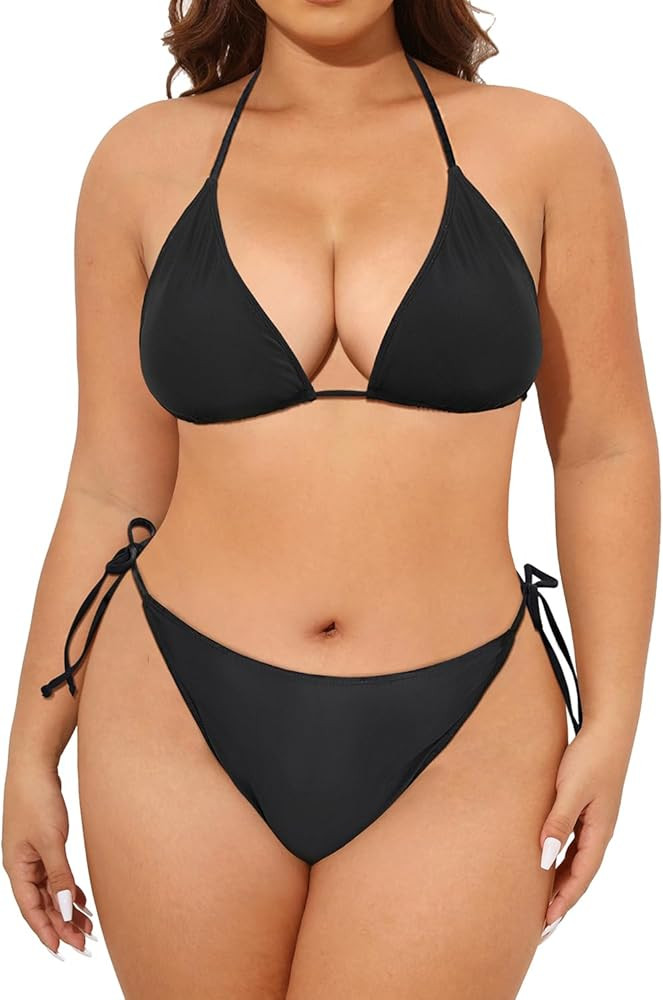 Tempt Me Women Plus Size Sexy Bikini Set String Two Piece Bathing Suit Halter Tie Side Swimsuit | Amazon (US)