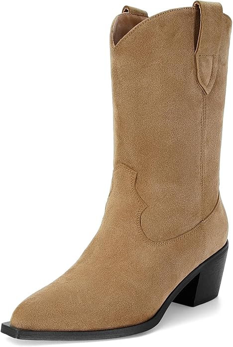 Suede Cowboy Boots for Women Pointed Toe Mid-Calf Western Boots Chunky Heel Cowgirl Booties Dress... | Amazon (US)