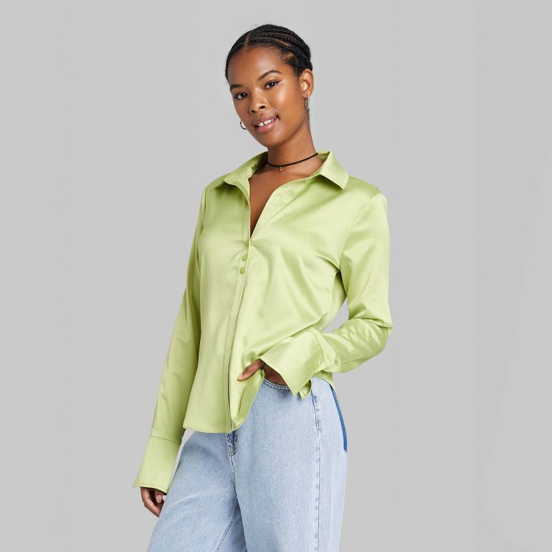 Women's Bell Long Sleeve Collared Satin Button-Down Shirt - Wild Fable™ | Target