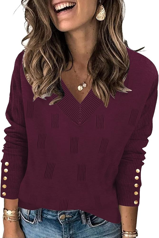 AKEWEI Womens V Neck Sweaters Long Sleeve Lightweight Knit Pullover Tops with Decorative Buttons | Amazon (US)