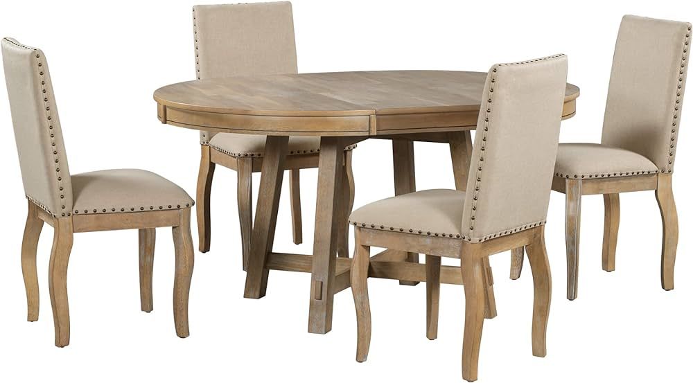 Merax Farmhouse Round Extendable Dining Table Set with Chairs, Solid Wood Kitchen Dining Room Tab... | Amazon (US)