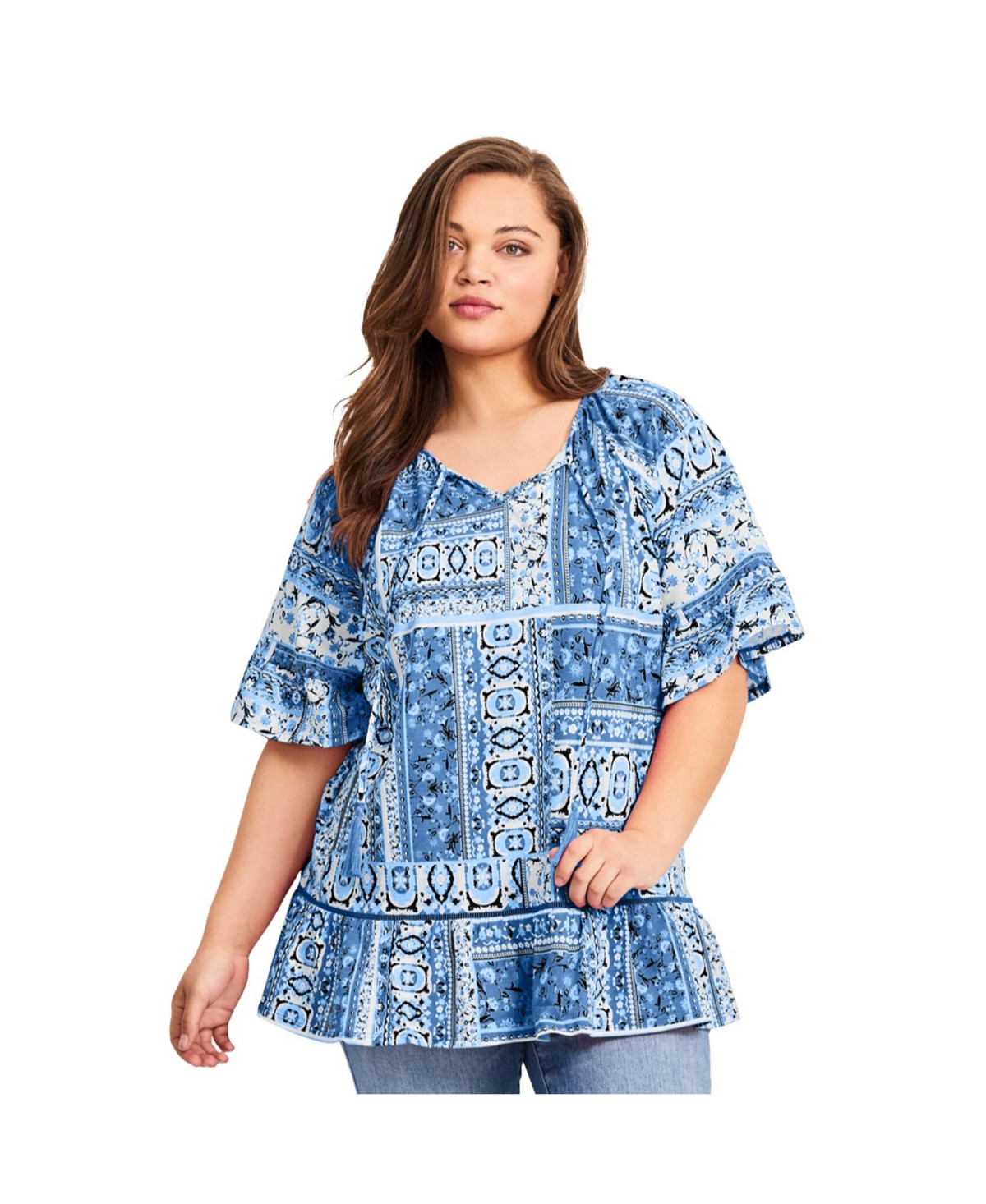 Avenue Women's Plus Size Flutter Sleeve Top - Blue patchwork | Macy's