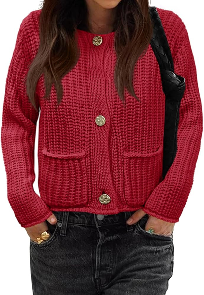 Saodimallsu Womens Button Up Sweaters Fall Chunky Knit Trendy Crewneck Open Front Loose Cardigan ... | Amazon (US)