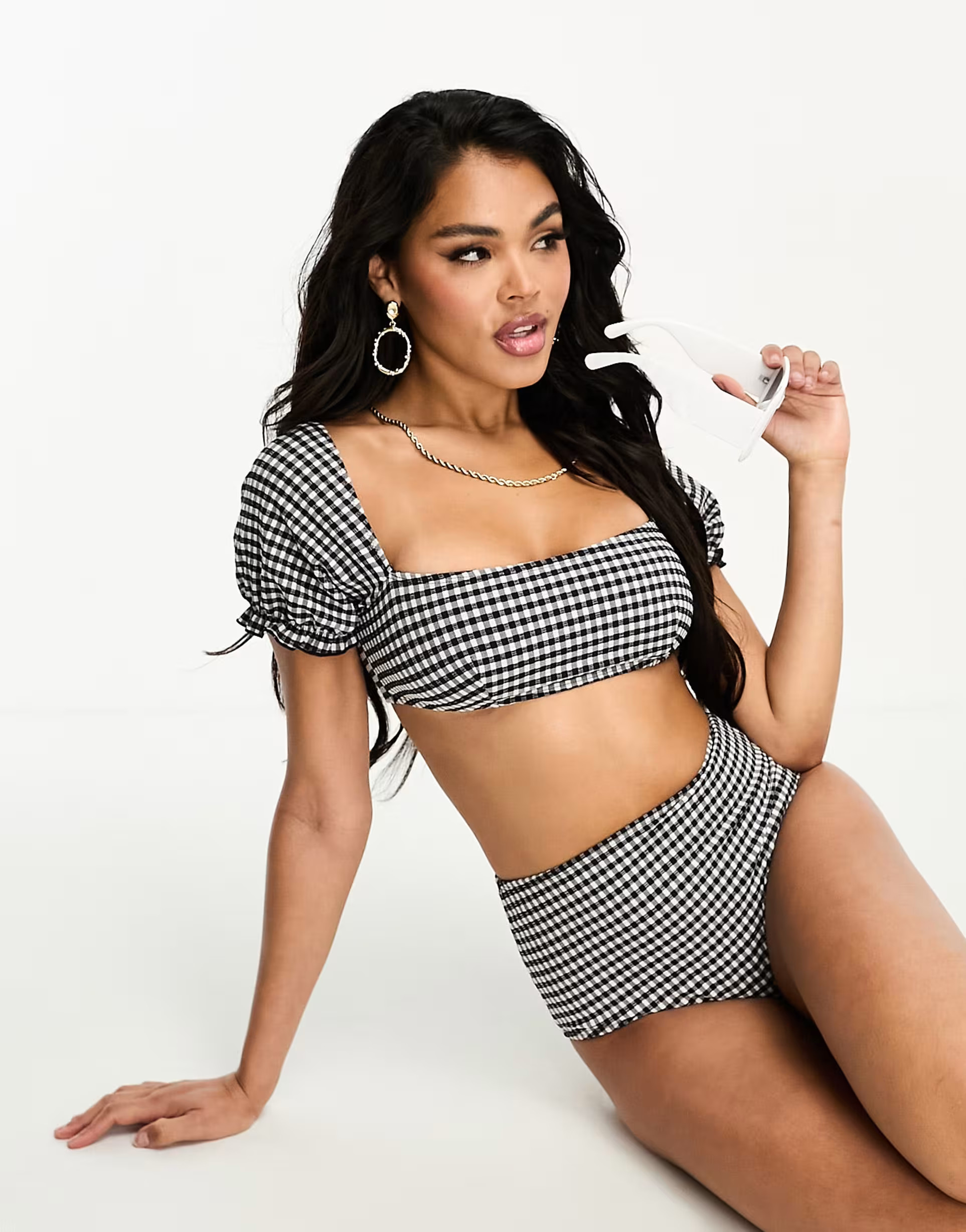 ASOS DESIGN mix and match seersucker high waist bikini bottom in mono gingham | ASOS (Global)