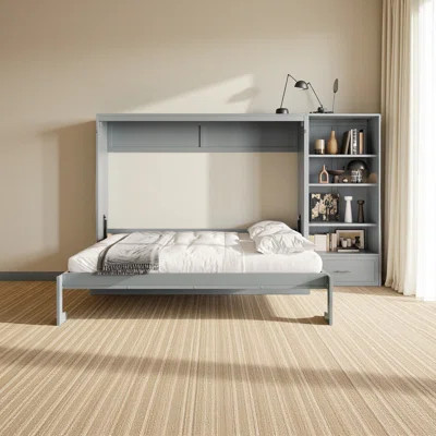 Queen Size Murphy Bed With Height Adjustable Storage Compartments And Shelf, Wall Bed Frame With 1 Drawer, Multifunctional Foldable Platform Bed For S | Wayfair North America