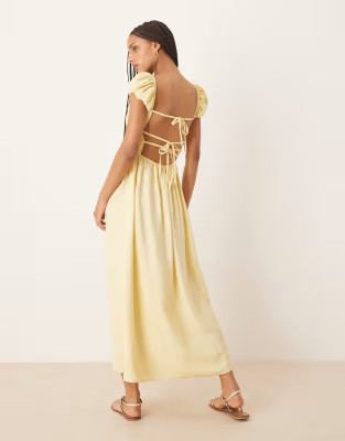 ASOS DESIGN square neck short sleeve midi dress with cinched channel waist in butter yellow | ASO... | ASOS (Global)