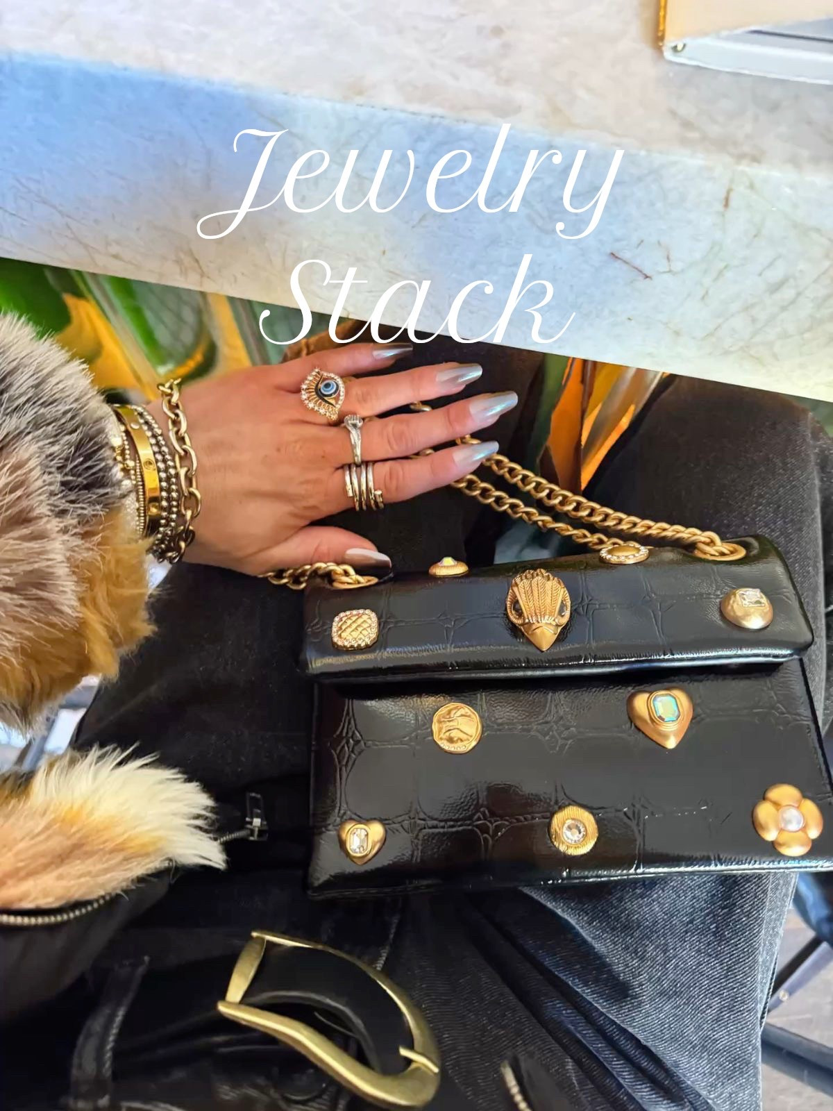 Jewelry Stack & Details ! 
Gold Jewelry Stack 
Gold Studded Purse 
Going Out Outfits #gold #purses #Jewerly #Jewerlystack #fur #studdedpurse

#LTKU #LTKWedding #LTKStyleTip