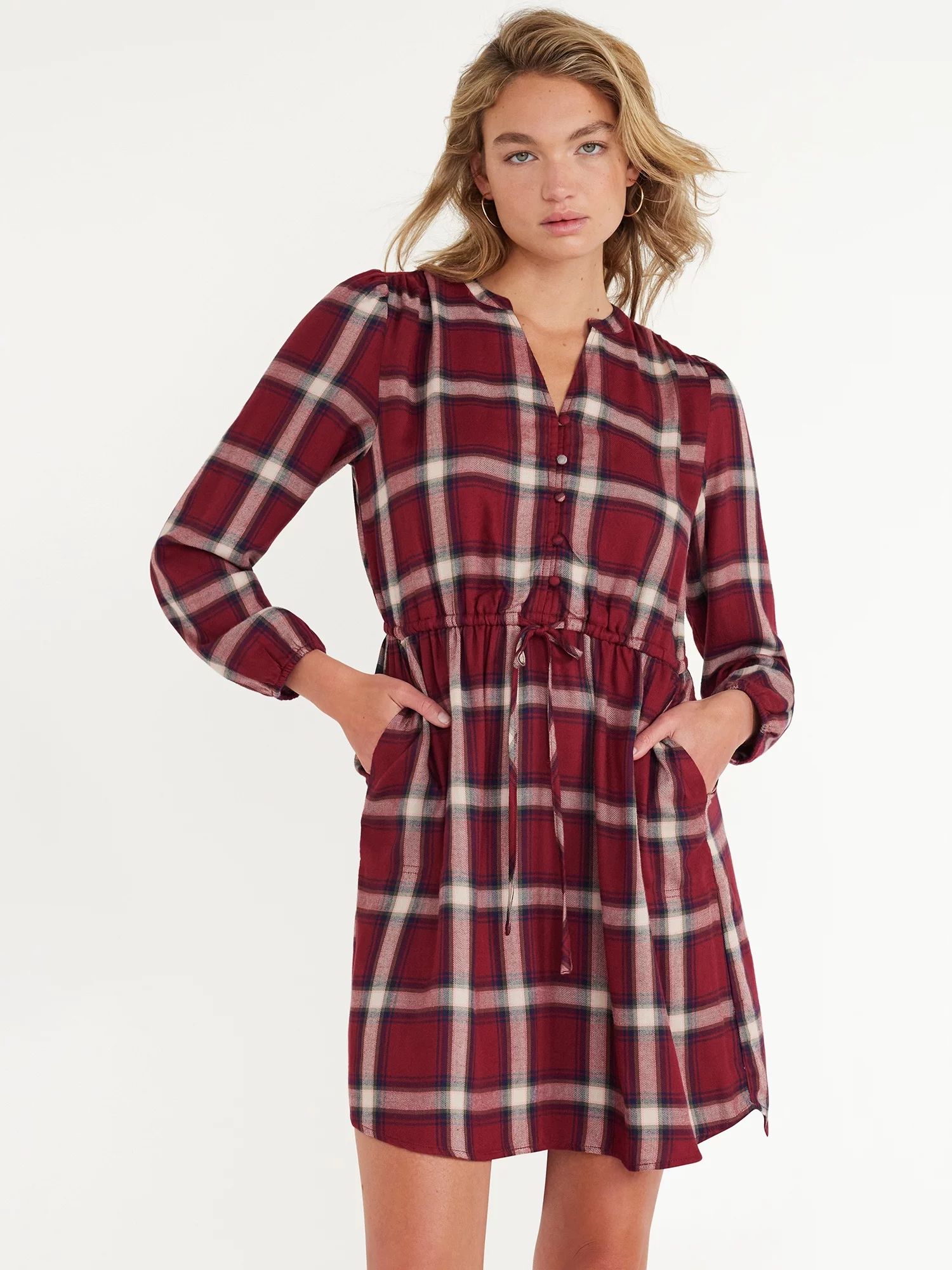 Time and Tru Women's Drawstring Flannel Dress with Long Sleeves, Sizes XS-XXXL | Walmart (US)