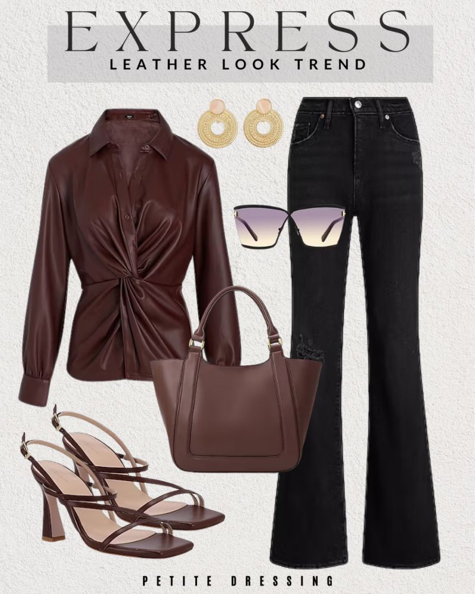 Express leather-look trend, fall outfit, outfit idea, outfit inspo, jeans, petite jeans, flare jeans, leather top, long sleeve top, earrings, sunglasses, handbag, shoulder bag, sandals, open toe sandals, heeled sandals

#LTKFind #LTKsalealert #LTKstyletip