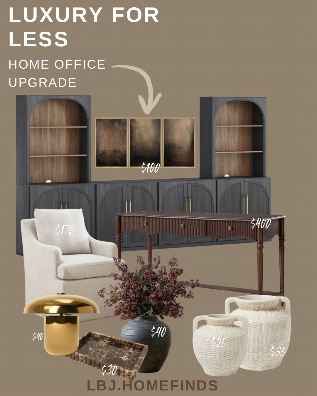 You don’t need designer prices to create a high-end looking home office. These Luxury for Less home office finds give your workspace a warm, elevated look while staying affordable.

This office setup includes:

• Dark wood executive desk for a timeless workspace
• Neutral upholstered accent chair for comfort
• Modern arched bookcases with built-in style
• Moody abstract wall art set
• Brass mushroom lamp for warm lighting
• Decorative trays and textured vases

Perfect for creating a cozy, designer-inspired home office that feels elevated and functional.

Everything is linked in my LTK storefront.

#luxuryforless #homeofficefinds #neutralhome #officeinspo #affordabledecor #homefinds #workspaceideas #ltkhome