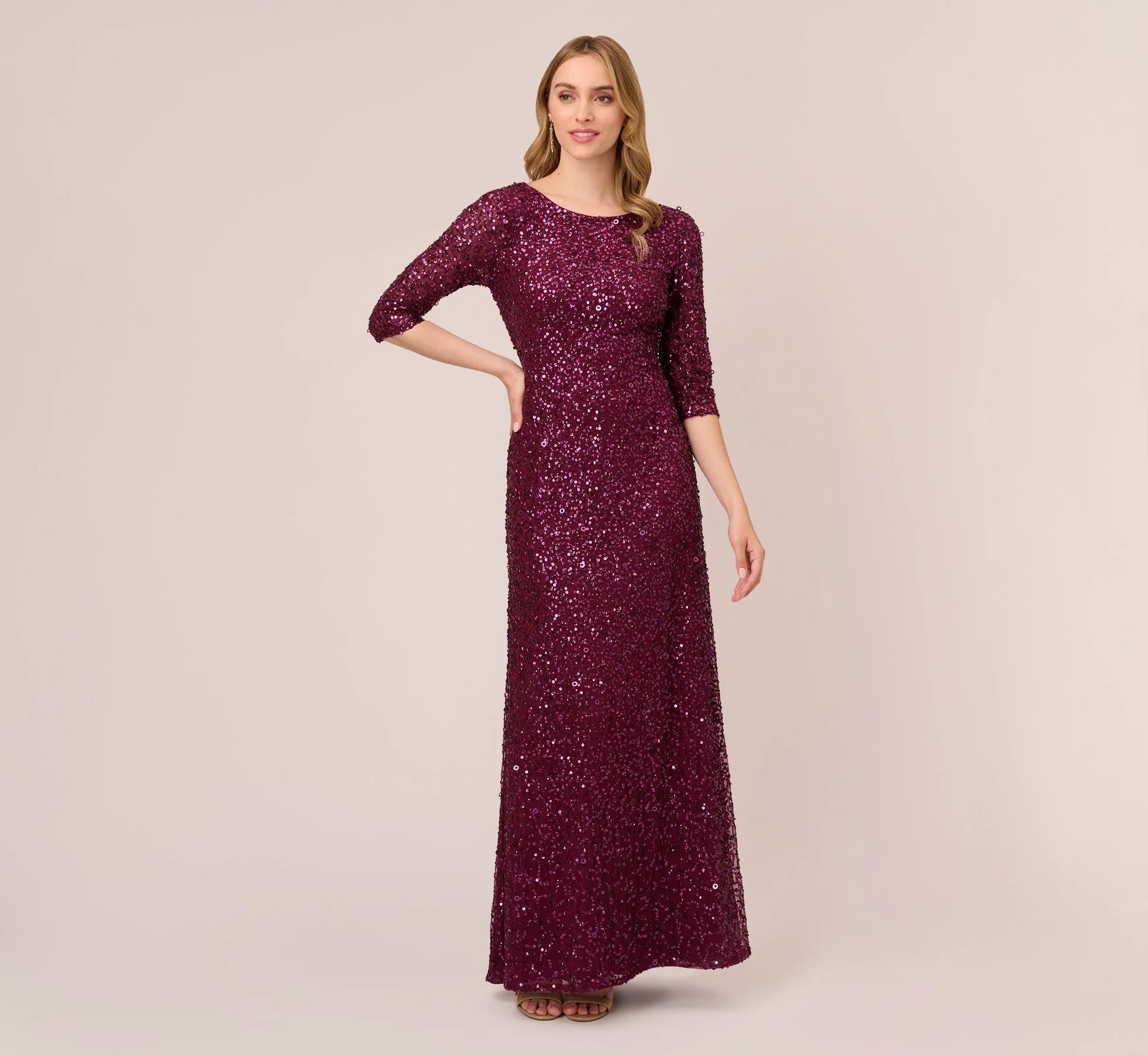 Scoop Back Sequin Gown With Three Quarter Sleeves In Cabernet | Adrianna Papell