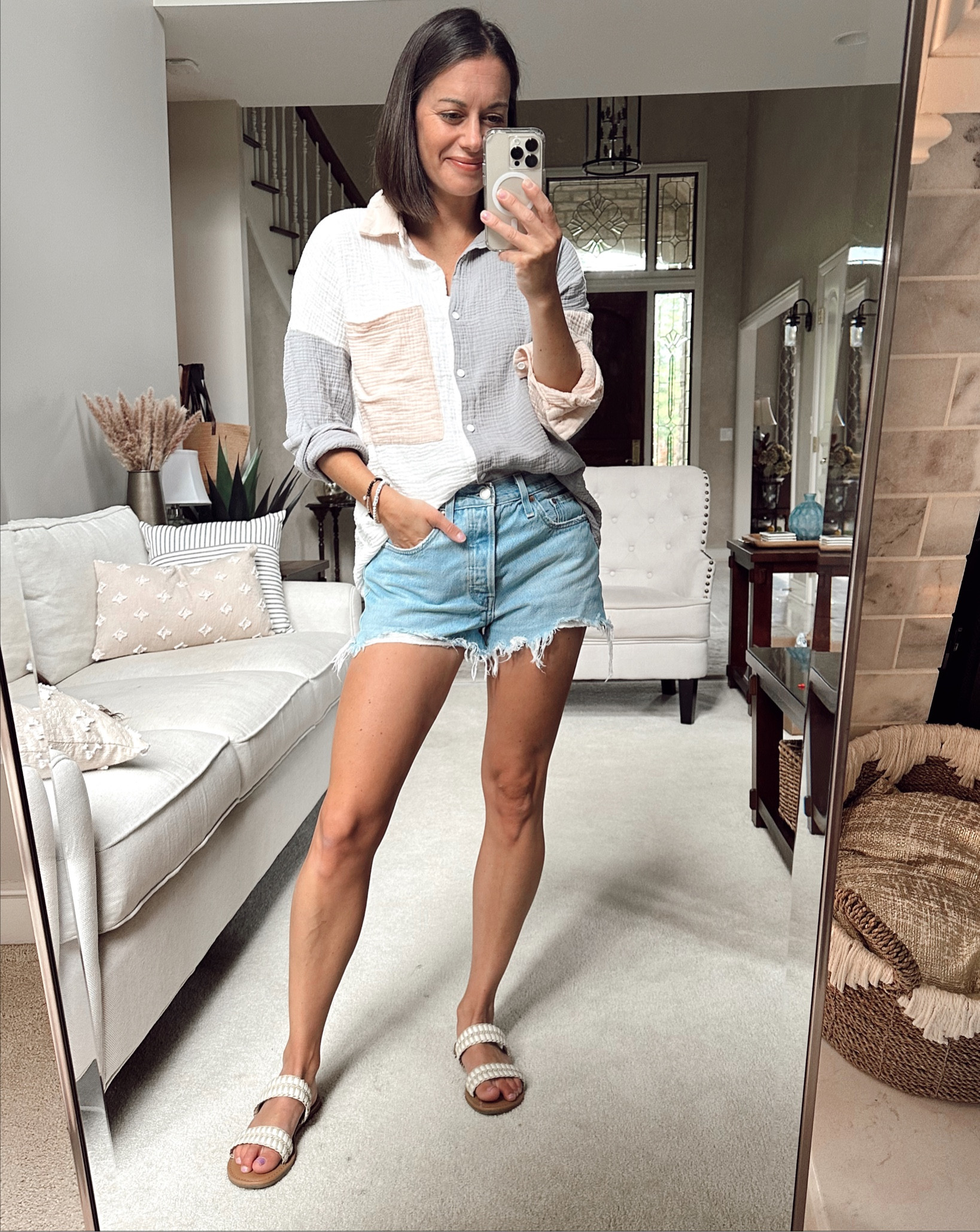 Easy summer outfit - amazon button down is the BEST! Runs true to size, I’m wearing a small. Amazon Levi’s jean shorts run small so size up. Sandals are from Target!



#LTKunder50 #LTKstyletip #LTKSeasonal