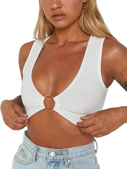 Crop Tops for Women Plunging Neckline Crop Top with Silver Ring Centrepiece | Amazon (US)