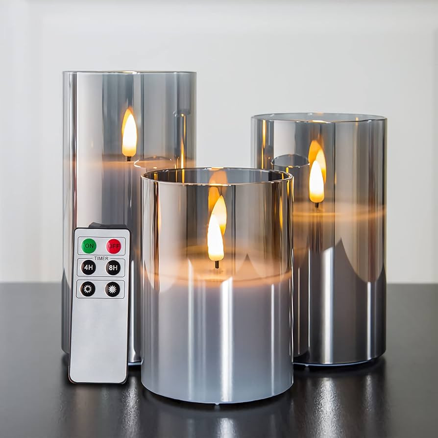 Eywamage Grey Glass Flameless Candles with Remote Battery Operated Flickering LED Pillar Candles Rea | Amazon (US)