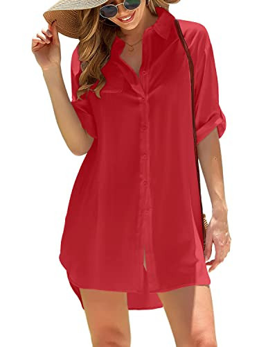 Womens Swimsuit Coverup Red Button Up Swim Cover Ups for Swimwear Women Sexy Shirt Bathing Suit Cover Up 3/4 Sleeve Beach Coverups | Amazon (US)