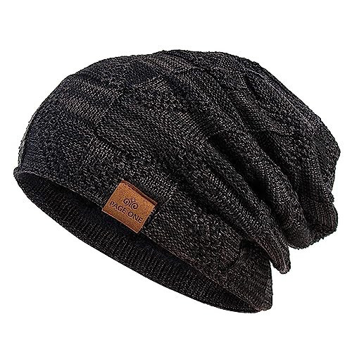 PAGE ONE Mens Winter Slouchy Beanie Warm Fleece Lined Skull Cap Baggy Cable Knit Hat Black | Amazon (US)