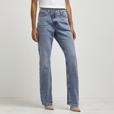 Petite blue high waisted straight jeans | River Island (UK & IE)