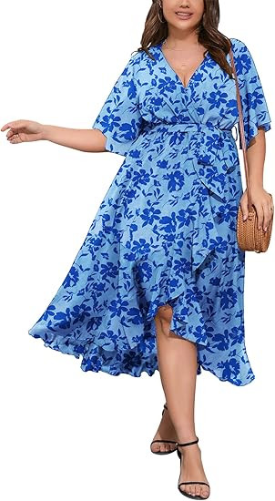 SCOMCHIC Women's Plus Size Summer Floral Printed Wrap V Neck Short Sleeve High Low Split Beach Ma... | Amazon (US)