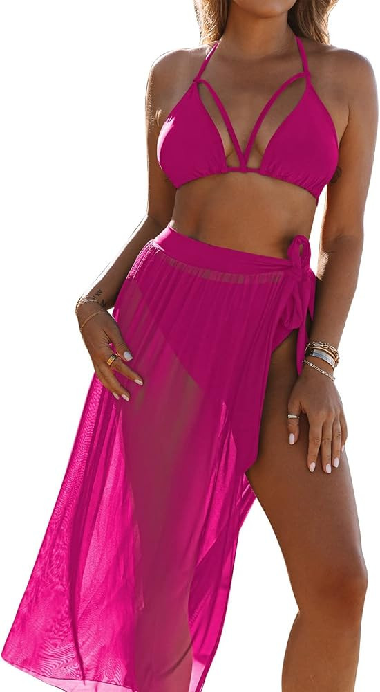 Kisscynest Women's Halter Neck Cut Out 3 Pieces Swimwear with Mesh Maxi Skirt | Amazon (US)
