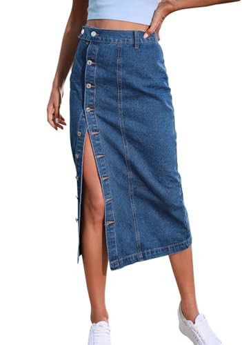 Denim Skirts for Women High Waisted Midi Jean Skirt Button Up Stretch Solid Long Denim Skirts with Slit Blue L | Amazon (US)