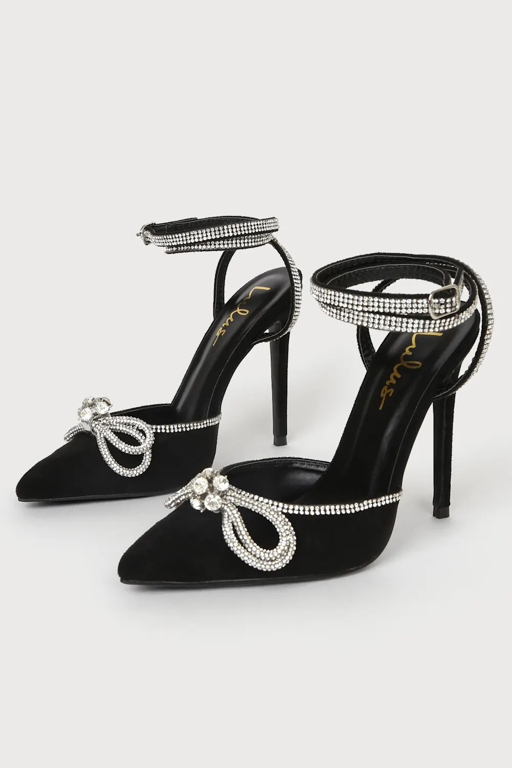 Lullie Black Suede Rhinestone Ankle Strap Pointed-Toe Pumps | Lulus