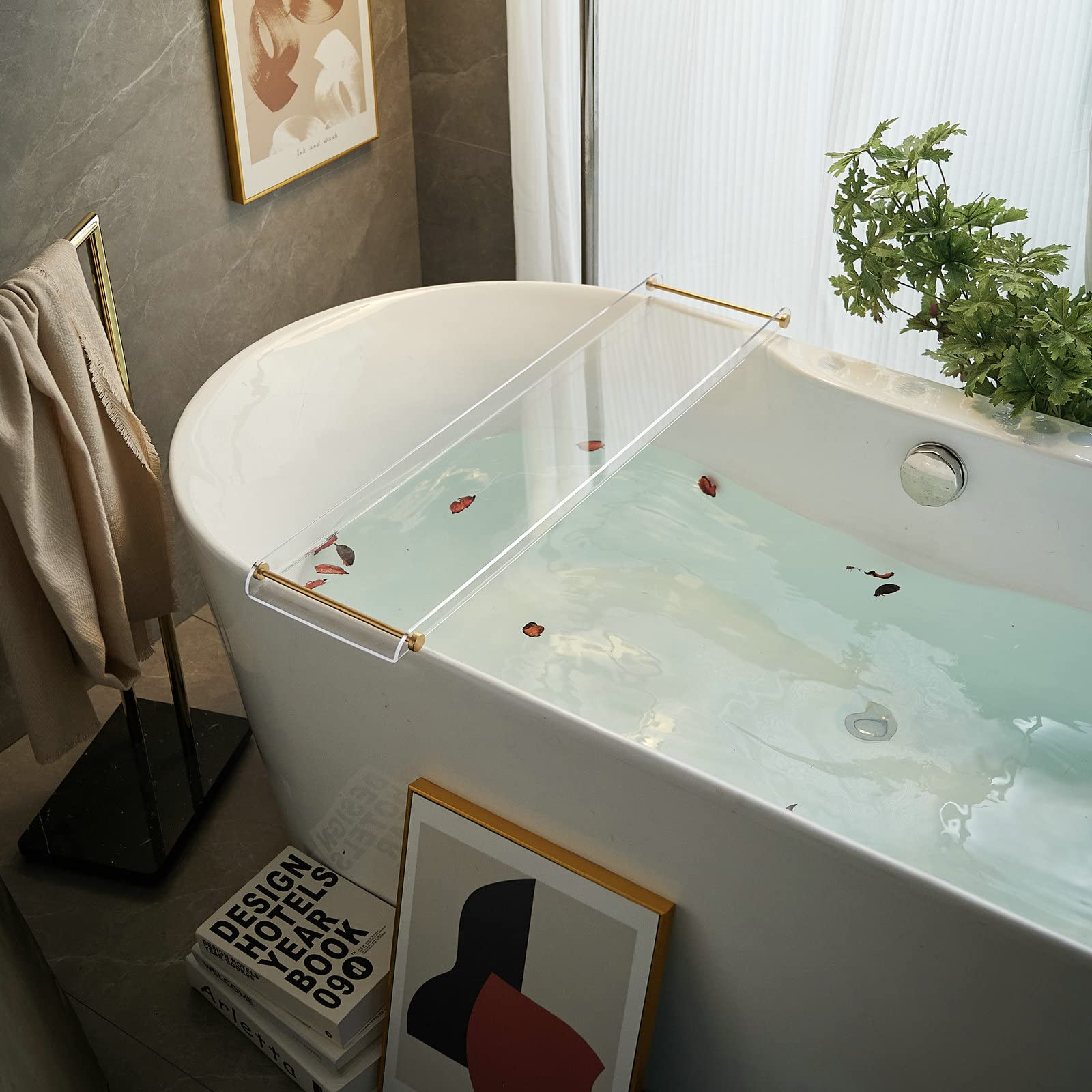 Bathtub Tray Clear Caddy Rack: Acrylic Tub Tray Shelf with Gold Rails to Hold Book Phone Candle W... | Amazon (US)