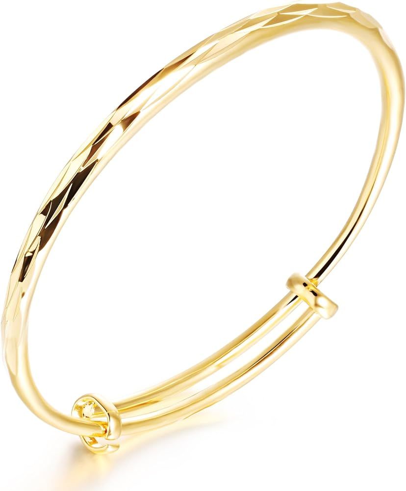 18k Yellow Gold Classical Diamond Cut Adjustable Bangle Bracelet for Women | Amazon (US)