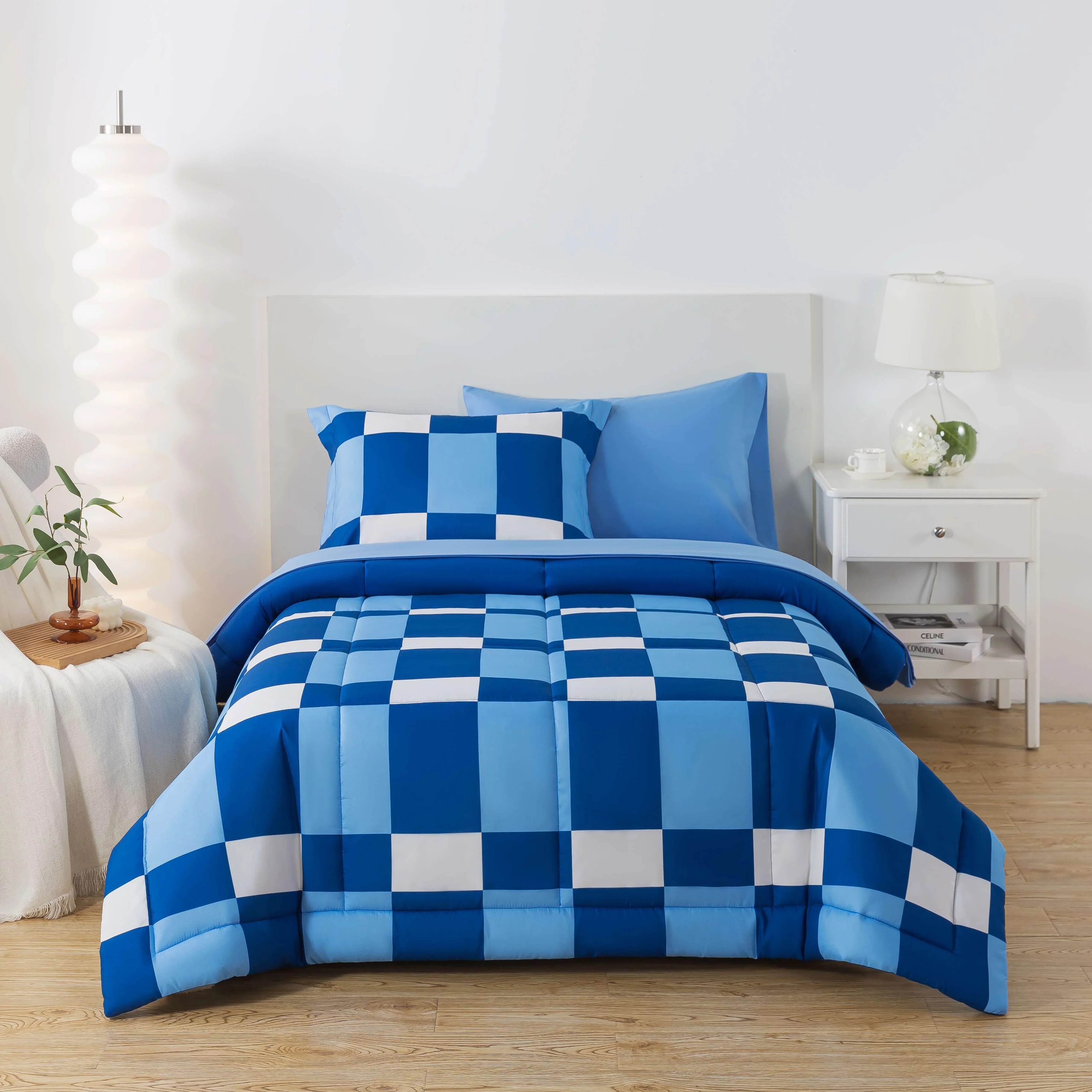 Mainstays 5-Piece Reversible Bed in a Bag with Laundry Tote, Blue Check, Twin-XL | Walmart (US)