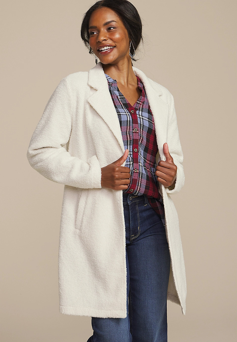 Curly Sherpa Single Button Dress Coat | Maurices
