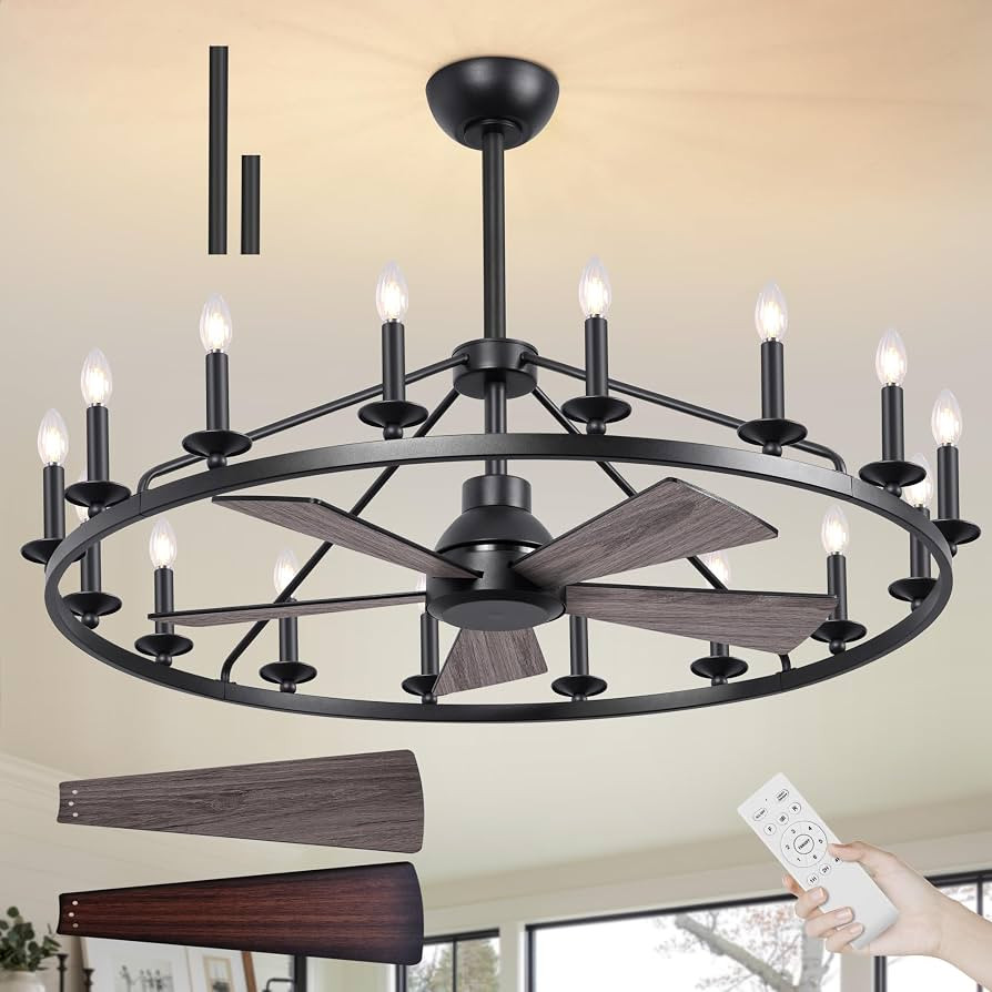 44" Wagon Wheel Chandelier with Fans, Black Wagon Wheel Ceiling Fan with 16-Lights and Remote, Fa... | Amazon (US)