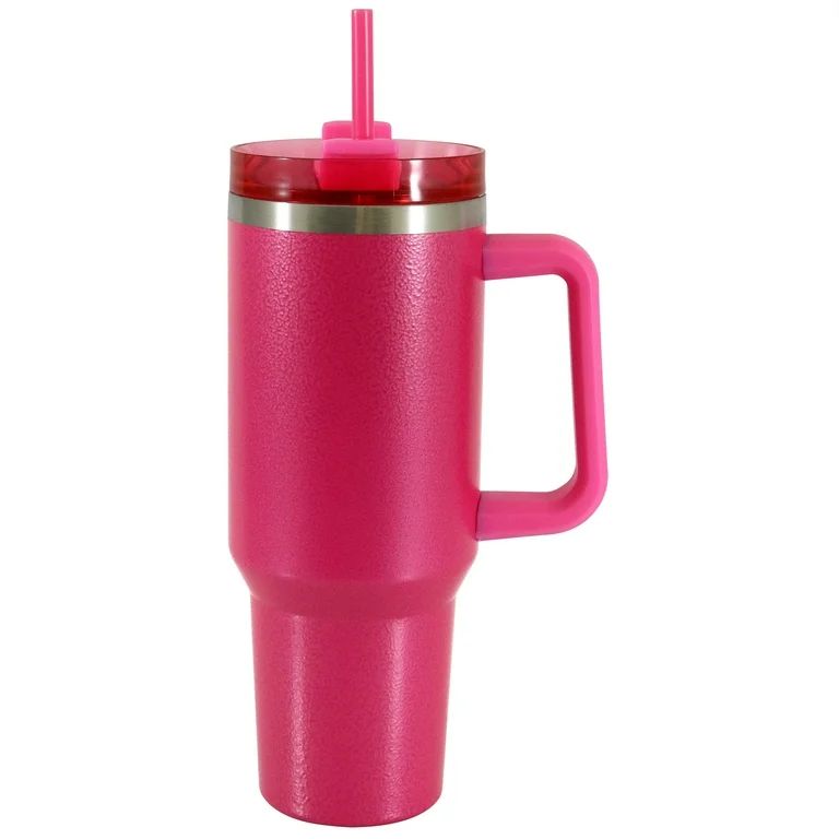 Mainstays 40 oz Stainless Steel Tumbler with Straw and Handle, Double Wall Insulated, Pink Hammer... | Walmart (US)