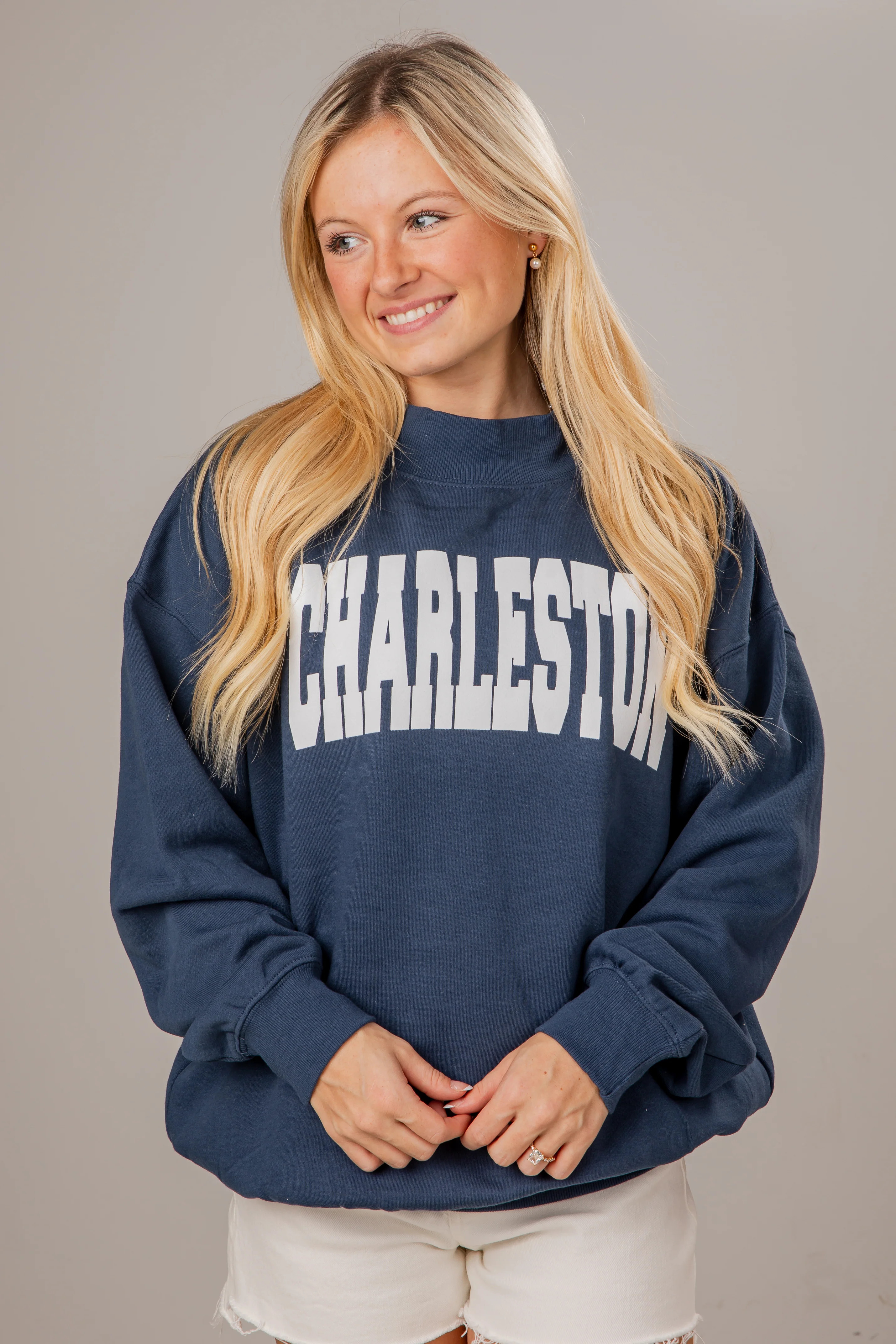 Charleston Navy Mockneck Sweatshirt | Trendy Womens Mockneck | DressUp | Dress Up