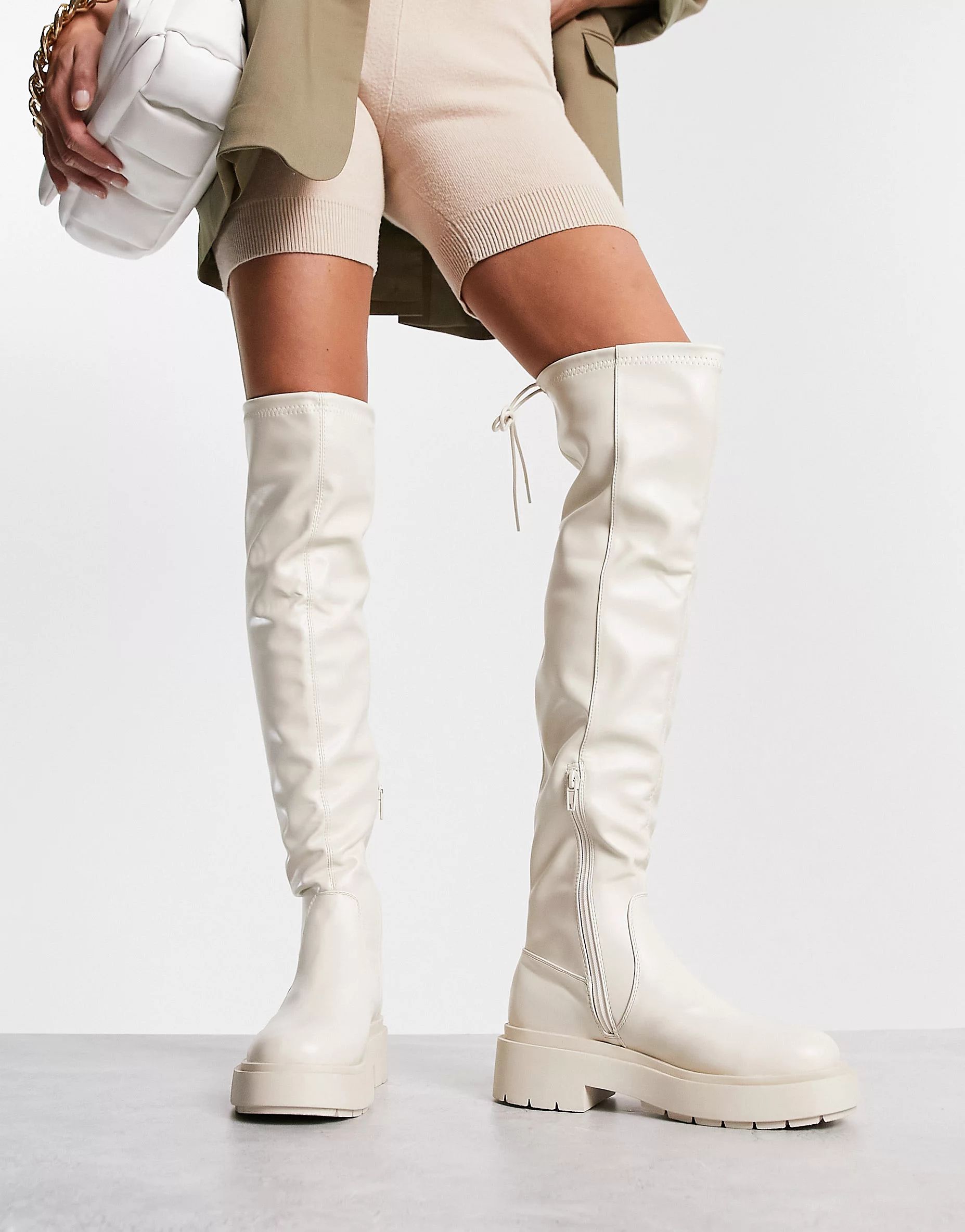 New Look over the knee chunky stretch flat boots in white | ASOS | ASOS (Global)