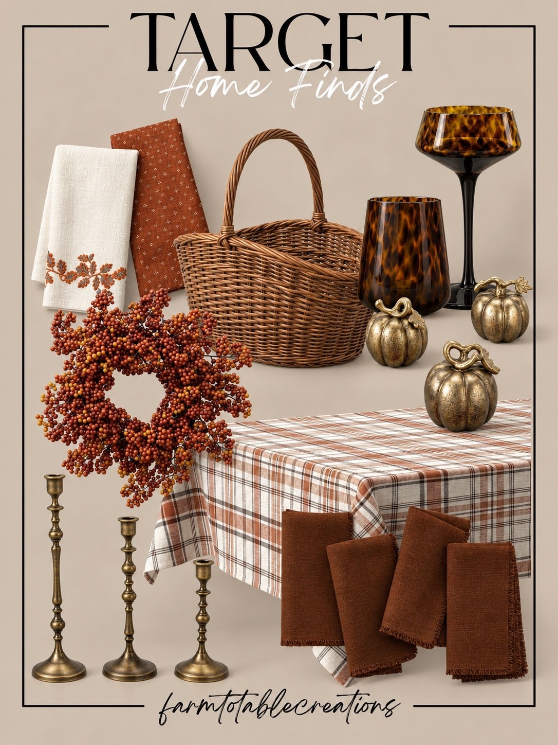 Target Fall Table & Home Finds 🍂🤎

These Target fall home finds are perfect for creating a warm, collected autumn table. The plaid tablecloth, rich brown napkins, woven basket, tortoise glassware, brass candlesticks, and little metallic pumpkins all bring in beautiful texture without making the space feel overly themed.

I love the mix of rust, chocolate brown, cream, and antique brass here. Add the berry wreath and a few simple stems for an easy Thanksgiving table, cozy fall dinner, or seasonal kitchen refresh.

Follow @farmtotablecreations on Instagram for more cozy home finds and trending decor.

#LTKHome #TargetHome #TargetFinds #TargetStyle #FallDecor #FallTable #ThanksgivingDecor #ThanksgivingTable #AutumnHome #Tablescape #CozyHome #PlaidDecor #WarmNeutrals #SeasonalDecor #HomeInspo

#LTKHome #LTKSaleAlert