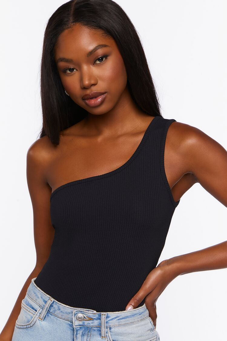 Women's Ribbed One-Shoulder Bodysuit in Black, XL | Forever 21 (US)