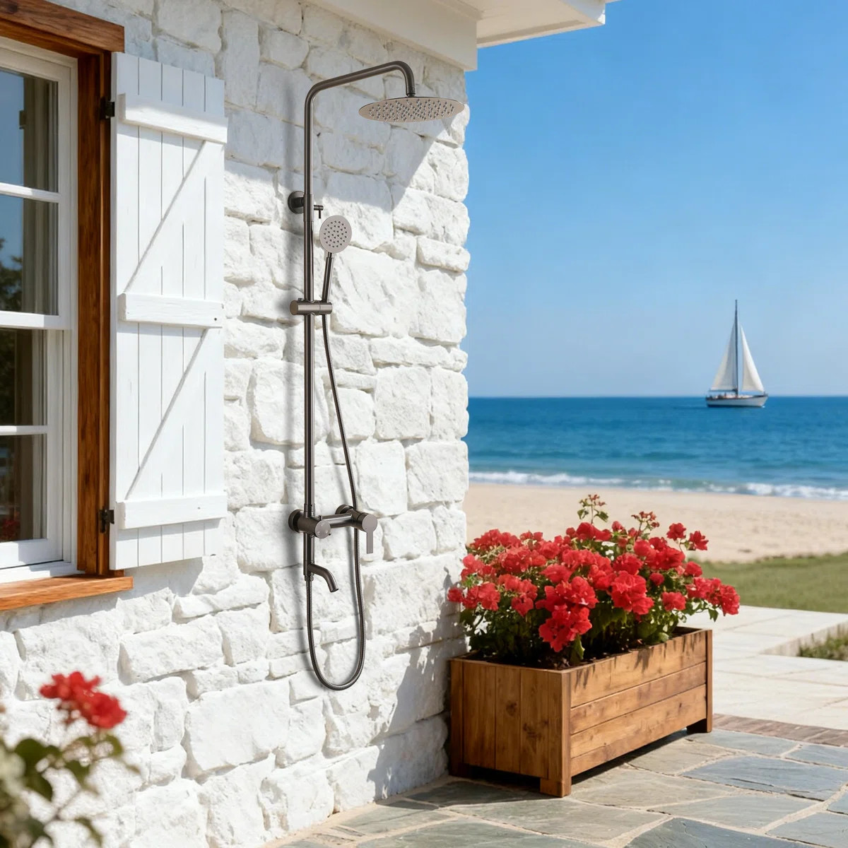 Wall Mount 304 Stainless Steel Rust-free Triple Function Outdoor Shower with Handheld Shower and ... | Wayfair North America