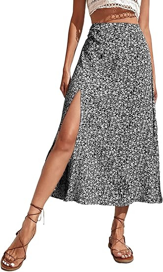 Avanova Women's Ditsy Floral Split Thigh High Waist Summer Boho A Line Midi Skirt Black Medium | Amazon (US)