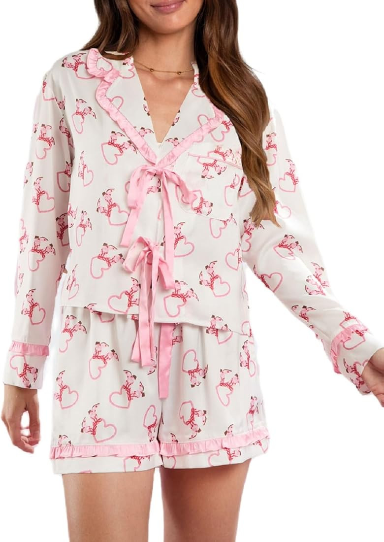Argeousgor Valentine's Day Pajamas for Women Bow Tie Long Sleeve Shirt Ruffe Shorts Satin Heart 2... | Amazon (US)