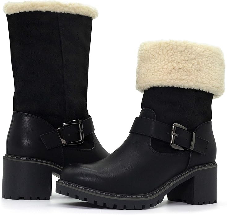 katliu Women Cute Warm Boots Chunky Mid Heel Round Toe Winter Snow Ankle Booties | Amazon (US)