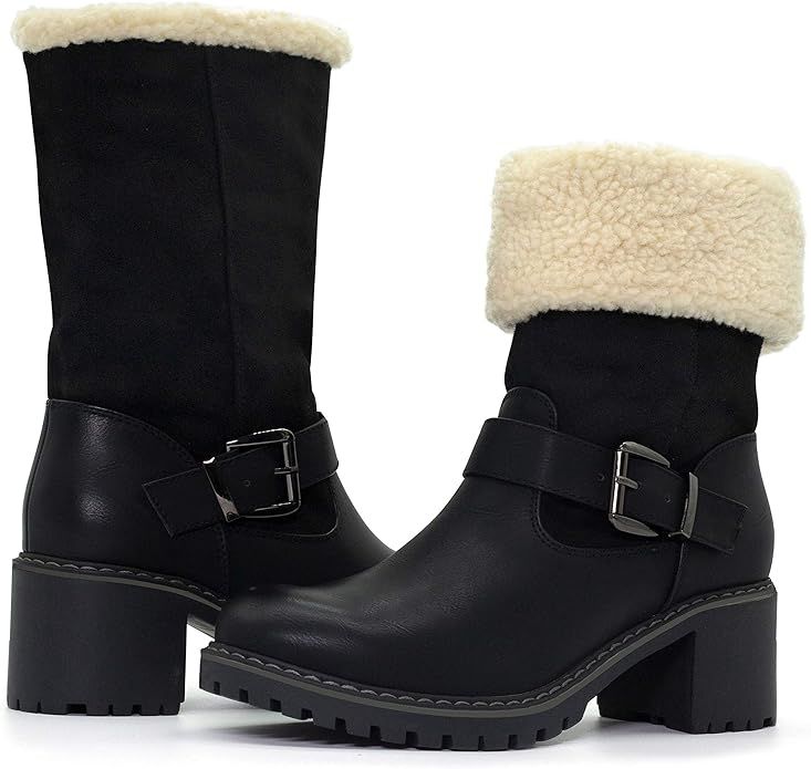 katliu Women Cute Warm Boots Chunky Mid Heel Round Toe Winter Snow Ankle Booties | Amazon (US)